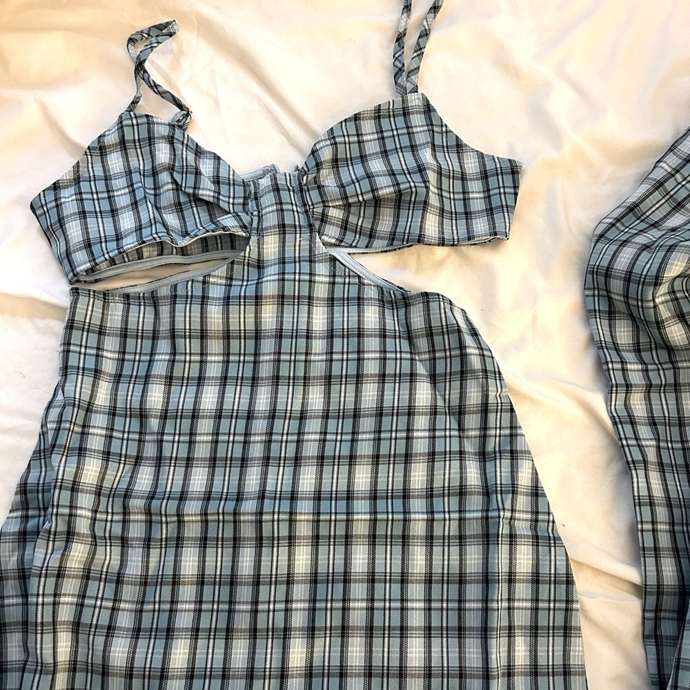 New two piece light blue and black stripe dress and jacket.